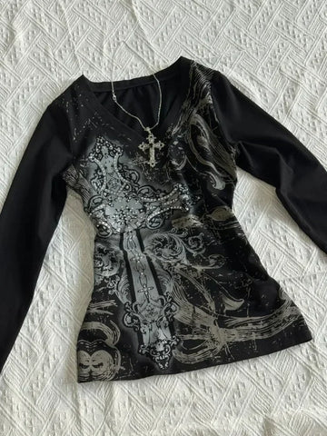 HOUZHOU Vintage Gothic T-shirts Women Y2k Black Punk Graphic T-shirt Grunge Retro Sexy V-neck Cotton Tees Aesthetic Harajuku Top